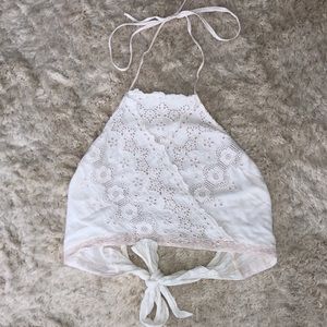 White lace open back top